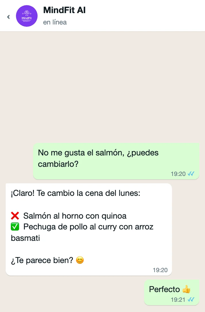Ejemplo de conversación en WhatsApp: MindFit AI cambia una cena del plan